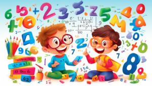 A colorful and engaging illustration of children learning math concepts in a fun and interactive way, with the text Tips to Help Children Learn Math Effect