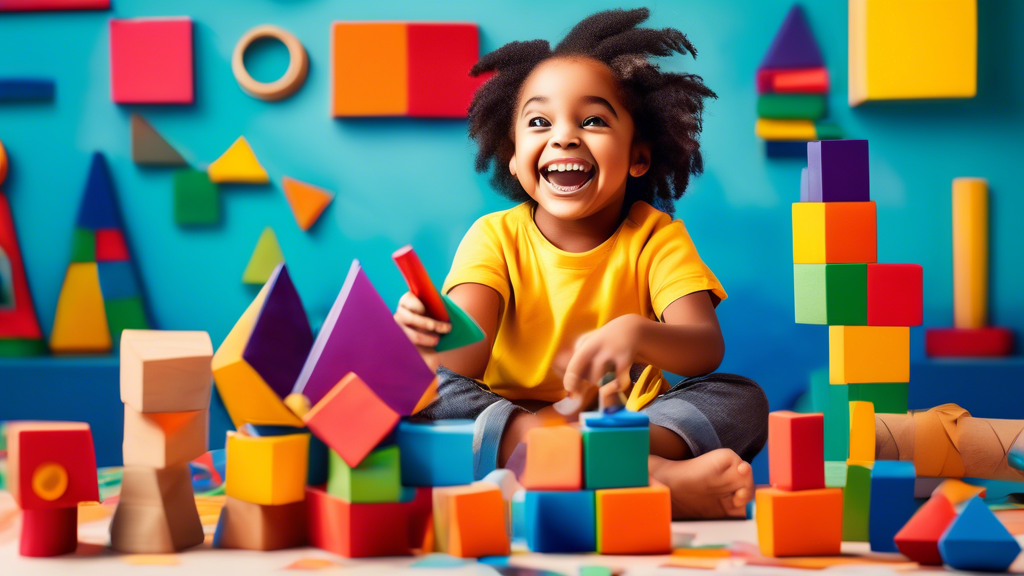 A vibrant and engaging image depicting a child gleefully exploring geometric shapes, surrounded by colorful blocks, crayons, and playful designs. The image