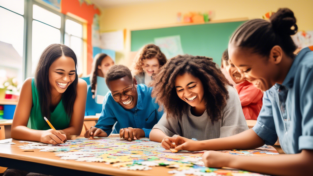 A group of people sitting around a table solving a puzzle. The table is covered in papers and pencils. The people are all smiling and laughing. The backgro