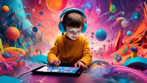 A child exploring a digital world with a headset, surrounded by colorful digital landscapes and objects.