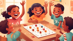 An illustration of a group of children playing a game that involves addition and subtraction while smiling and having fun.