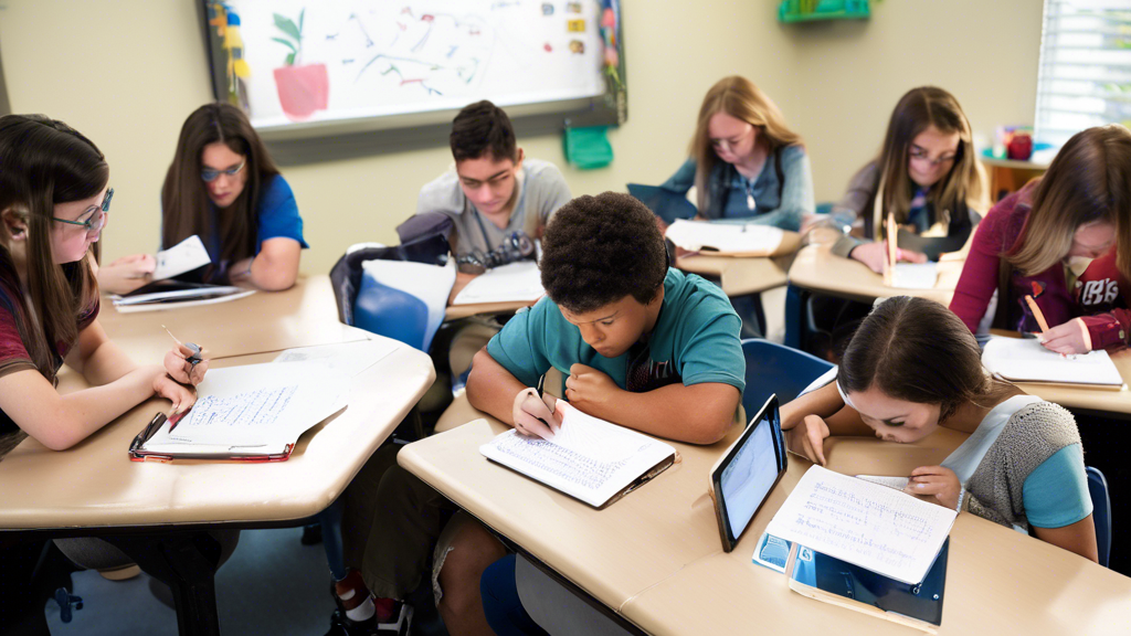 An image of a group of students sitting in a classroom, working on math problems on their papers and tablets.