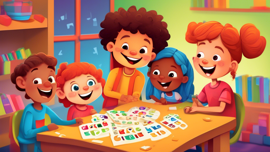 A colorful and engaging illustration of a group of children happily learning about fractions, with a friendly animated fraction character helping them unde