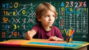 An illustration of a young child using a multiplication and division table with numbers and arrows on a chalkboard, featuring bold colors and a creative de