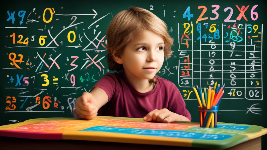 An illustration of a young child using a multiplication and division table with numbers and arrows on a chalkboard, featuring bold colors and a creative de