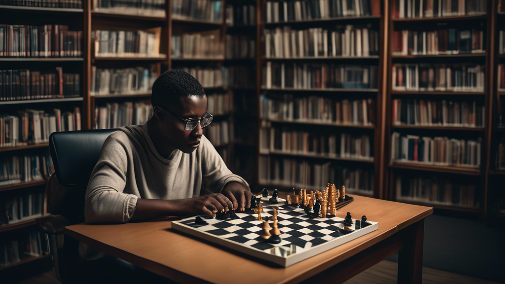 A person sitting in a library surrounded by books and playing a chess game against a computer. The computer screen shows the chess board and the person is