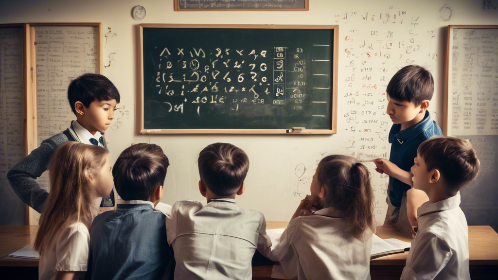 A group of children looking at a clock and a blackboard with mathematical formulas written on it, exploring the relationship between time and mathematics.