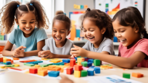 A group of children sitting around a table, smiling and laughing while playing with data. The children are using colorful blocks and charts to represent di